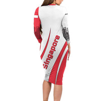 Singapore National Crest Family Matching Long Sleeve Bodycon Dress and Hawaiian Shirt with City Skyline and Lion Design