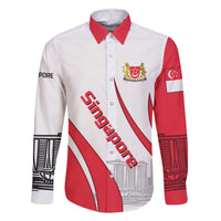 Singapore National Crest Family Matching Off The Shoulder Long Sleeve Dress and Hawaiian Shirt with City Skyline and Lion Design