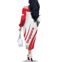 Singapore National Crest Family Matching Off The Shoulder Long Sleeve Dress and Hawaiian Shirt with City Skyline and Lion Design