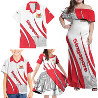 Singapore National Crest Family Matching Off Shoulder Maxi Dress and Hawaiian Shirt with City Skyline and Lion Design