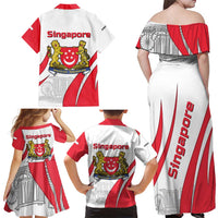 Singapore National Crest Family Matching Off Shoulder Maxi Dress and Hawaiian Shirt with City Skyline and Lion Design
