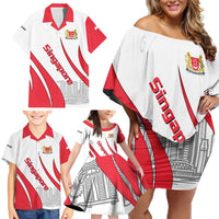 Singapore National Crest Family Matching Off Shoulder Short Dress and Hawaiian Shirt with City Skyline and Lion Design