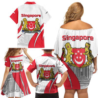 Singapore National Crest Family Matching Off Shoulder Short Dress and Hawaiian Shirt with City Skyline and Lion Design