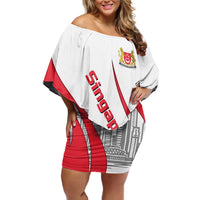 Singapore National Crest Family Matching Off Shoulder Short Dress and Hawaiian Shirt with City Skyline and Lion Design