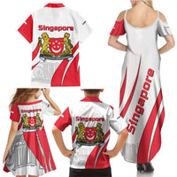 Singapore National Crest Family Matching Summer Maxi Dress and Hawaiian Shirt with City Skyline and Lion Design