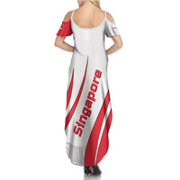 Singapore National Crest Family Matching Summer Maxi Dress and Hawaiian Shirt with City Skyline and Lion Design