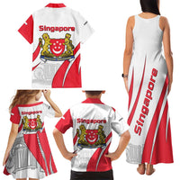 Singapore National Crest Family Matching Tank Maxi Dress and Hawaiian Shirt with City Skyline and Lion Design