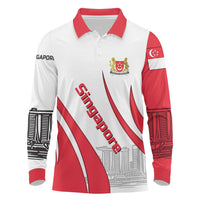 Singapore National Crest Long Sleeve Polo Shirt with City Skyline and Lion Design