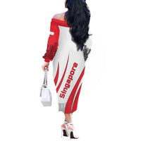 Singapore National Crest Off The Shoulder Long Sleeve Dress with City Skyline and Lion Design