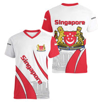 Singapore National Crest Women V-Neck T-Shirt with City Skyline and Lion Design