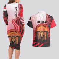 Singapore Lion Couples Matching Long Sleeve Bodycon Dress and Hawaiian Shirt with Sunset Marina Bay Design and National Flag
