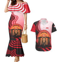 Singapore Lion Couples Matching Mermaid Dress and Hawaiian Shirt with Sunset Marina Bay Design and National Flag