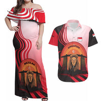 Singapore Lion Couples Matching Off Shoulder Maxi Dress and Hawaiian Shirt with Sunset Marina Bay Design and National Flag