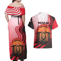 Singapore Lion Couples Matching Off Shoulder Maxi Dress and Hawaiian Shirt with Sunset Marina Bay Design and National Flag