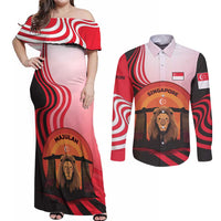 Singapore Lion Couples Matching Off Shoulder Maxi Dress and Long Sleeve Button Shirt with Sunset Marina Bay Design and National Flag