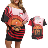 Singapore Lion Couples Matching Off Shoulder Short Dress and Hawaiian Shirt with Sunset Marina Bay Design and National Flag