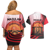 Singapore Lion Couples Matching Off Shoulder Short Dress and Hawaiian Shirt with Sunset Marina Bay Design and National Flag
