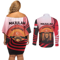 Singapore Lion Couples Matching Off Shoulder Short Dress and Long Sleeve Button Shirt with Sunset Marina Bay Design and National Flag