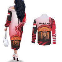 Singapore Lion Couples Matching Off The Shoulder Long Sleeve Dress and Long Sleeve Button Shirt with Sunset Marina Bay Design and National Flag