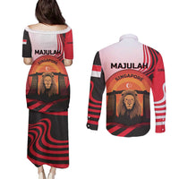 Singapore Lion Couples Matching Puletasi and Long Sleeve Button Shirt with Sunset Marina Bay Design and National Flag