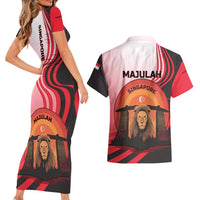 Singapore Lion Couples Matching Short Sleeve Bodycon Dress and Hawaiian Shirt with Sunset Marina Bay Design and National Flag