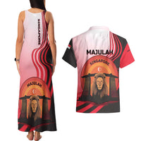 Singapore Lion Couples Matching Tank Maxi Dress and Hawaiian Shirt with Sunset Marina Bay Design and National Flag