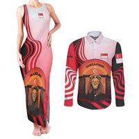 Singapore Lion Couples Matching Tank Maxi Dress and Long Sleeve Button Shirt with Sunset Marina Bay Design and National Flag