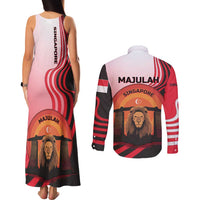 Singapore Lion Couples Matching Tank Maxi Dress and Long Sleeve Button Shirt with Sunset Marina Bay Design and National Flag