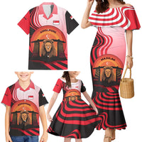 Singapore Lion Family Matching Mermaid Dress and Hawaiian Shirt with Sunset Marina Bay Design and National Flag