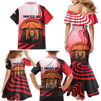 Singapore Lion Family Matching Mermaid Dress and Hawaiian Shirt with Sunset Marina Bay Design and National Flag