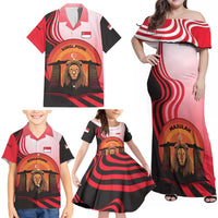 Singapore Lion Family Matching Off Shoulder Maxi Dress and Hawaiian Shirt with Sunset Marina Bay Design and National Flag
