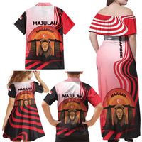 Singapore Lion Family Matching Off Shoulder Maxi Dress and Hawaiian Shirt with Sunset Marina Bay Design and National Flag