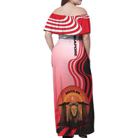 Singapore Lion Family Matching Off Shoulder Maxi Dress and Hawaiian Shirt with Sunset Marina Bay Design and National Flag