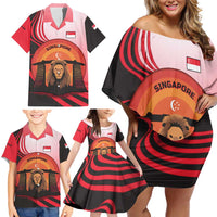 Singapore Lion Family Matching Off Shoulder Short Dress and Hawaiian Shirt with Sunset Marina Bay Design and National Flag