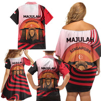 Singapore Lion Family Matching Off Shoulder Short Dress and Hawaiian Shirt with Sunset Marina Bay Design and National Flag