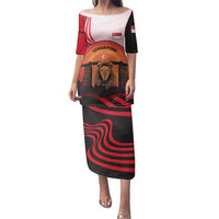 Singapore Lion Family Matching Puletasi and Hawaiian Shirt with Sunset Marina Bay Design and National Flag