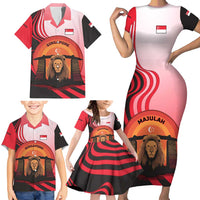 Singapore Lion Family Matching Short Sleeve Bodycon Dress and Hawaiian Shirt with Sunset Marina Bay Design and National Flag