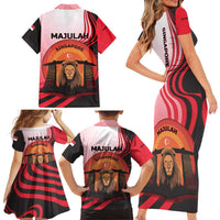 Singapore Lion Family Matching Short Sleeve Bodycon Dress and Hawaiian Shirt with Sunset Marina Bay Design and National Flag