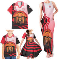 Singapore Lion Family Matching Tank Maxi Dress and Hawaiian Shirt with Sunset Marina Bay Design and National Flag