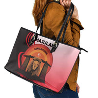 Singapore Lion Leather Tote Bag with Sunset Marina Bay Design and National Flag