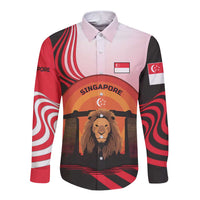 Singapore Lion Long Sleeve Button Shirt with Sunset Marina Bay Design and National Flag