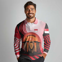 Singapore Lion Long Sleeve Polo Shirt with Sunset Marina Bay Design and National Flag