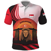 Singapore Lion Polo Shirt with Sunset Marina Bay Design and National Flag