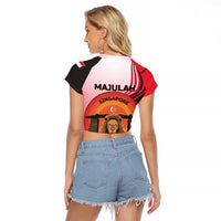 Singapore Lion Raglan Cropped T Shirt with Sunset Marina Bay Design and National Flag