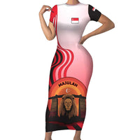 Singapore Lion Short Sleeve Bodycon Dress with Sunset Marina Bay Design and National Flag