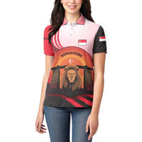 Singapore Lion Women Polo Shirt with Sunset Marina Bay Design and National Flag