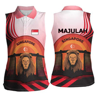 Singapore Lion Women Sleeveless Polo Shirt with Sunset Marina Bay Design and National Flag