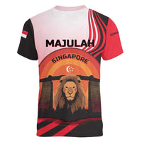 Singapore Lion Women V-Neck T-Shirt with Sunset Marina Bay Design and National Flag
