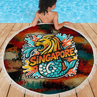 Singapore Merlion Beach Blanket with Graffiti Art Style and National Flag