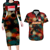 Singapore Merlion Couples Matching Long Sleeve Bodycon Dress and Hawaiian Shirt with Graffiti Art Style and National Flag
